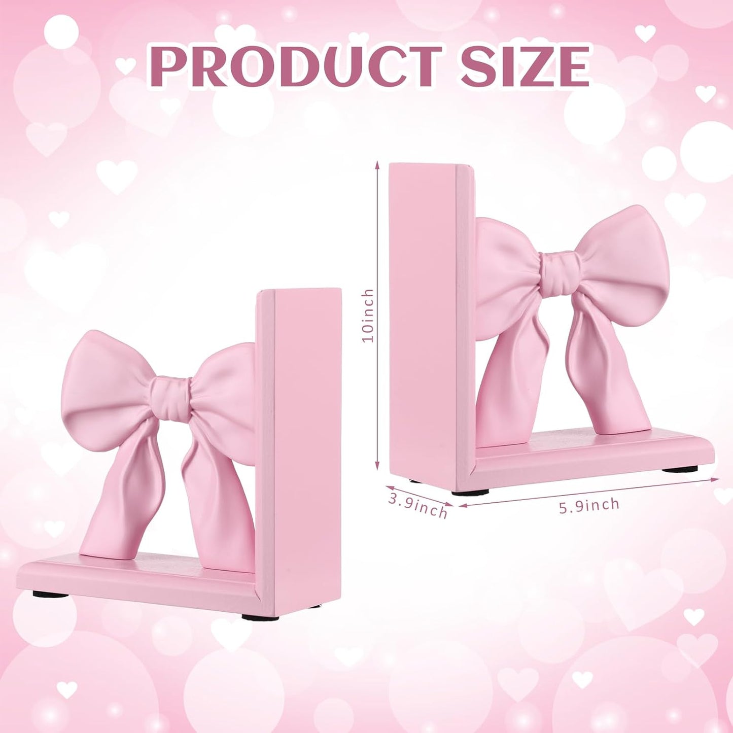 Threehoney 2 Pieces Pink Bow Bookends Cute Book Ends for Shelves Decorative Book Stand Bow Sculpture Statues Tabletop Shelf Ornament Room Decor for Home Office School Dorm Girl Desk