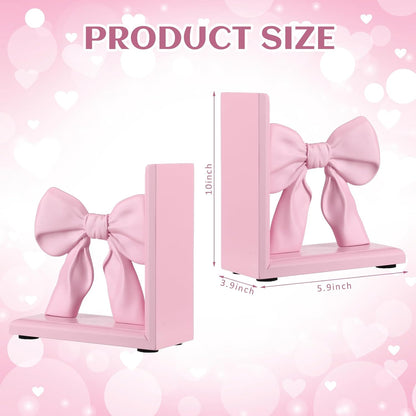 Threehoney 2 Pieces Pink Bow Bookends Cute Book Ends for Shelves Decorative Book Stand Bow Sculpture Statues Tabletop Shelf Ornament Room Decor for Home Office School Dorm Girl Desk