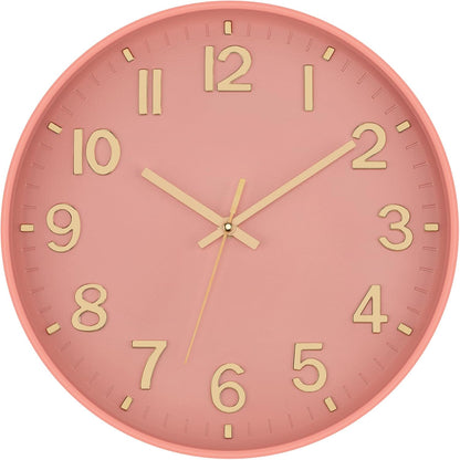 Lumuasky Wall Clock Pink Modern 12 Inch Battery Operated Silent Non-Ticking Decorative Clock for Living Room Bedroom Office Kitchen School Classroom Nursery Decor, 3D Numbers Easy to Read