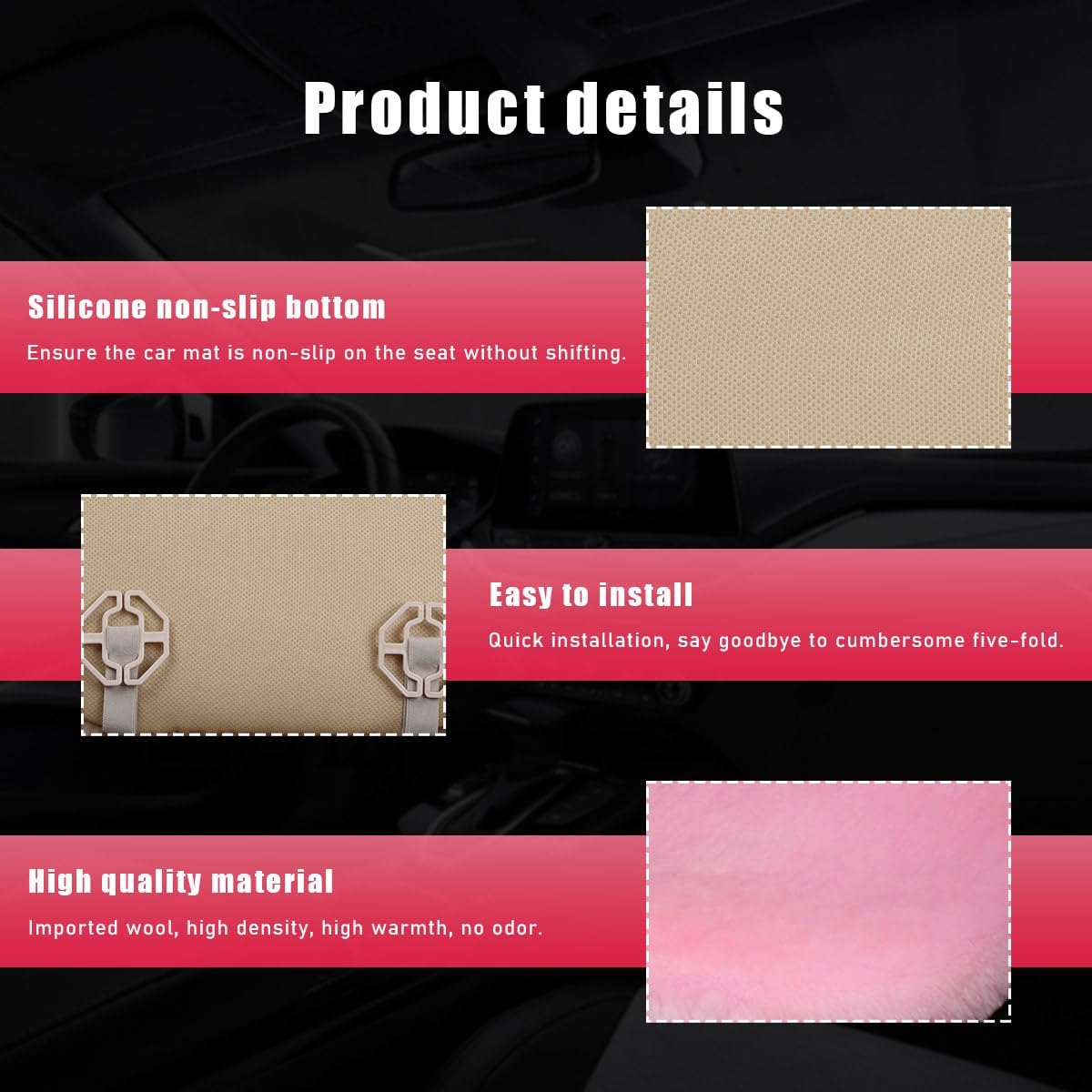 Ohleats Sheepskin Car Seat Cushion, Comfortable Soft Fur Wool Auto Front Seat Cover, Vehicle Seat Protector Pad for Warm Winter Office Chair, Universal Decor Car Accessories (Pink)