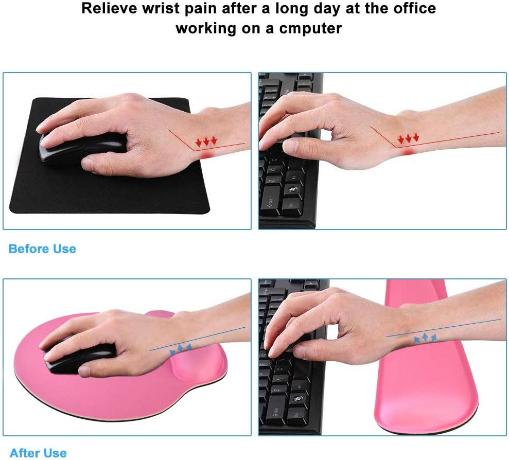 Keyboard Wrist Rest Pad Mouse Pad, Memory Foam, Rest Pads Sets for Comfortable Typing & Wrist Pain Relief, Anti-Slip Rubber Base (Rose Pink)