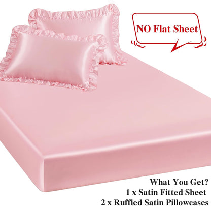 P Pothuiny 3-Piece Set Ruffle Satin Pillowcases & Twin Fitted Sheet, Luxury Blush Pink Satin Fitted Sheet Silky Soft Cute Bedding Bedroom Dorm Decor, Wrinkle Free, 15 Inch Deep Pocket