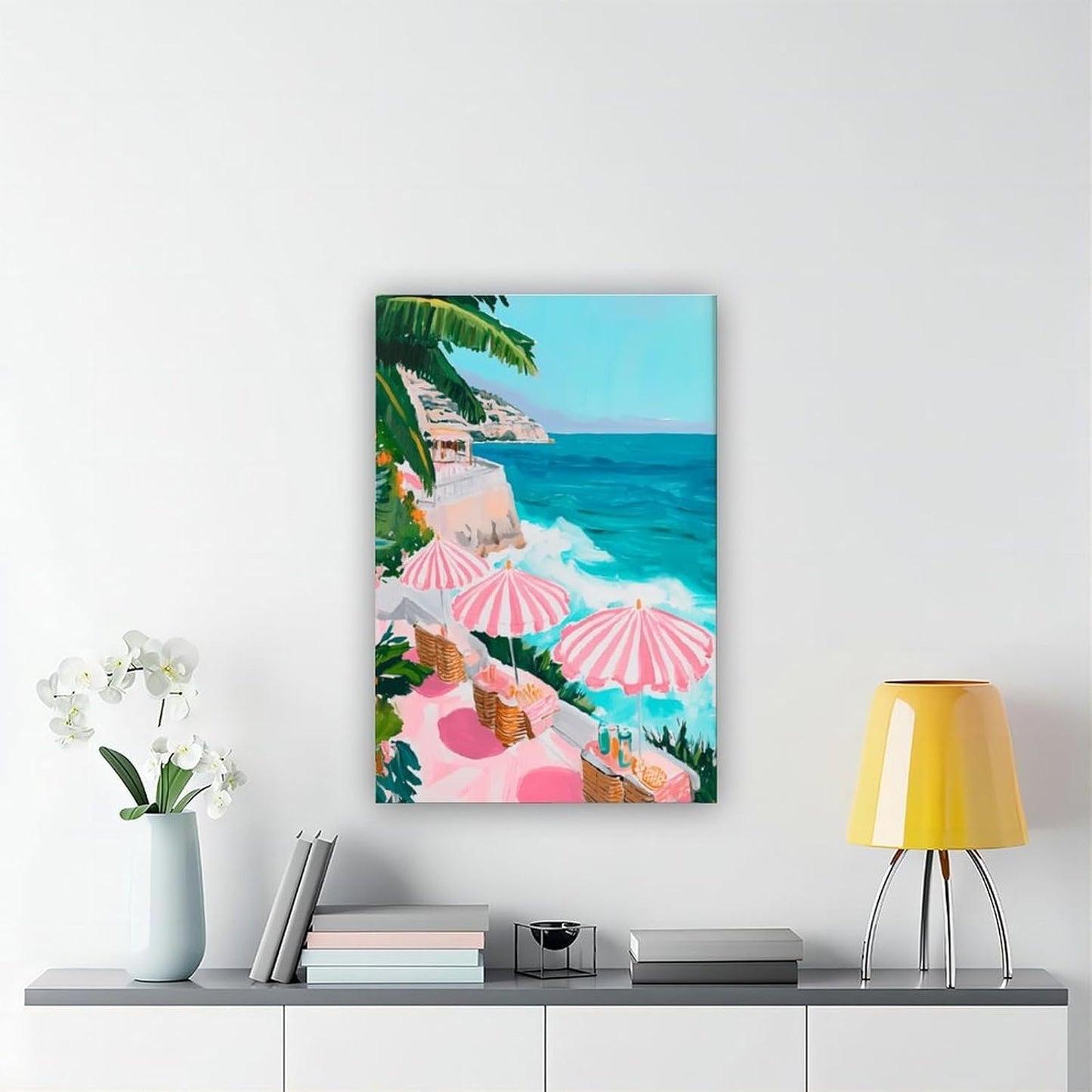 Pink Beach Umbrella Coastal Wall Art Pastel Ocean Canvas Print for Girly Apartment Bedroom Decor, Retro Mediterranean Vacation Poster for Cute Aesthetic Preppy Room Aesthetics