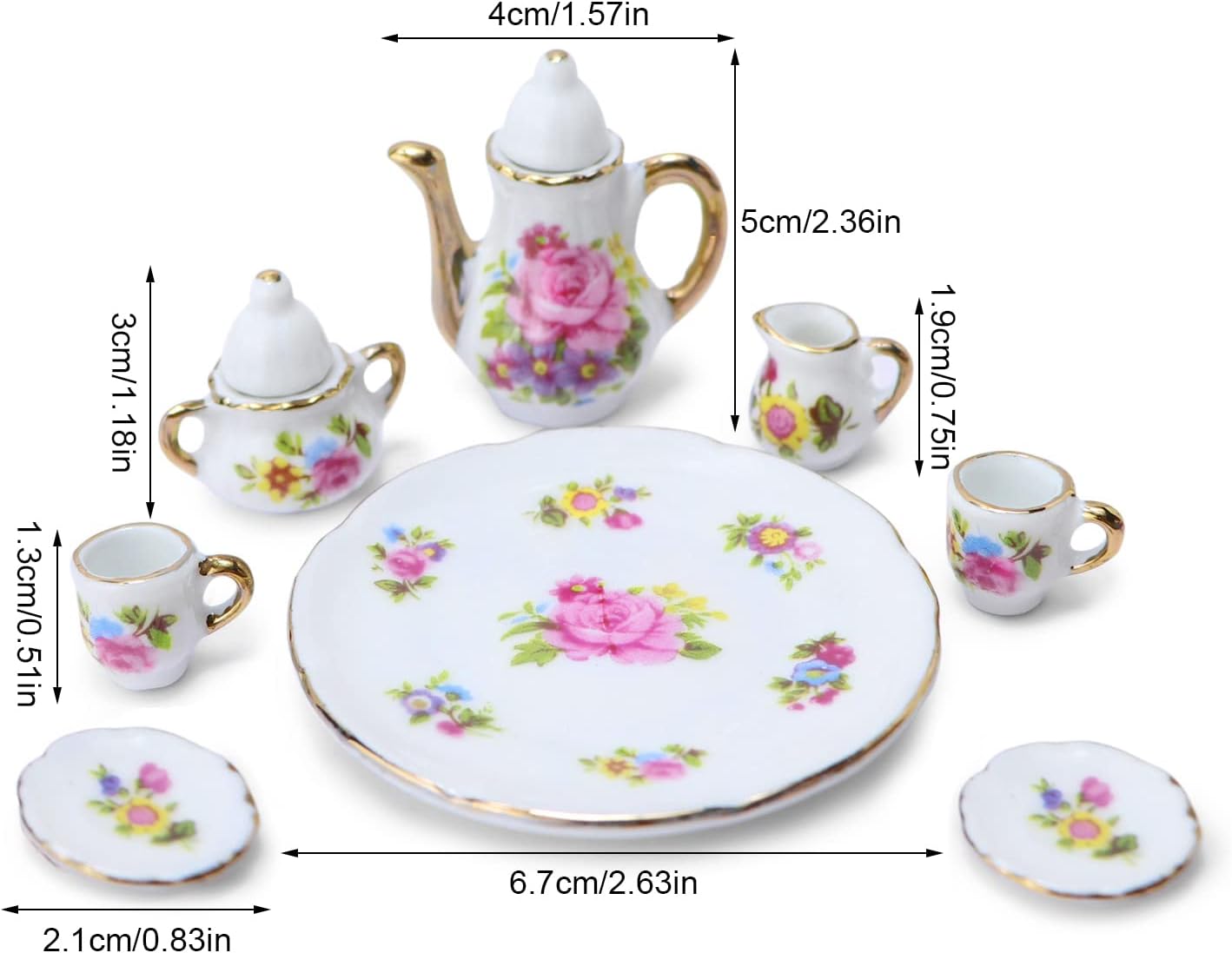 Dollhouse Tea Cup Sets 1:6 Scale Miniature Porcelain Dollhouse Accessories 8PCS Flower Pattern Teapot Platter Dish Sets Dollhouse Kitchen Supplies Decoration (Pink)