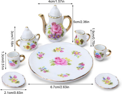 Dollhouse Tea Cup Sets 1:6 Scale Miniature Porcelain Dollhouse Accessories 8PCS Flower Pattern Teapot Platter Dish Sets Dollhouse Kitchen Supplies Decoration (Pink)