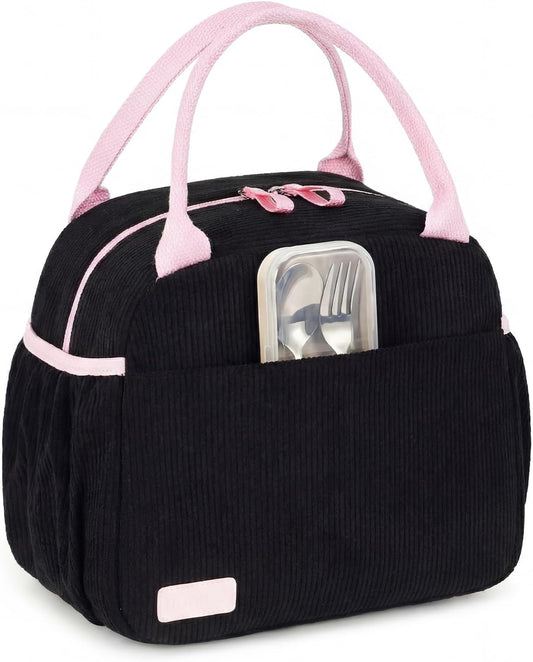LEDAOU Lunch Box for Women Insulated Lunch Bag Cute Lunchbox Compact Cooler Thermal Reusable Lunch Tote for Work School Picnic Travel (Black-Pink)