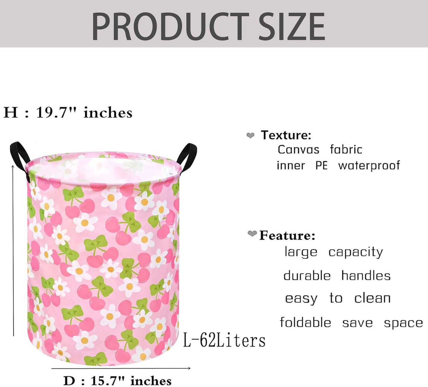Kids Laundry Hamper Clothes Gift Basket Storage Laundry Baskets Organizer Bin with Handles for Nursery Room (Pink Cherry)