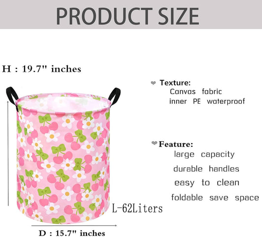 Kids Laundry Hamper Clothes Gift Basket Storage Laundry Baskets Organizer Bin with Handles for Nursery Room (Pink Cherry)