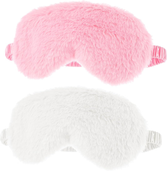 Sibba Plush Eye Mask, 2Pcs Furry Sleep Masks Silk Blindfold, Antifaz para Dormir Comfortable Fluffy Sleeping Eye Cover for Women Men Sleepover Nap Travel Party Supply, Pink White
