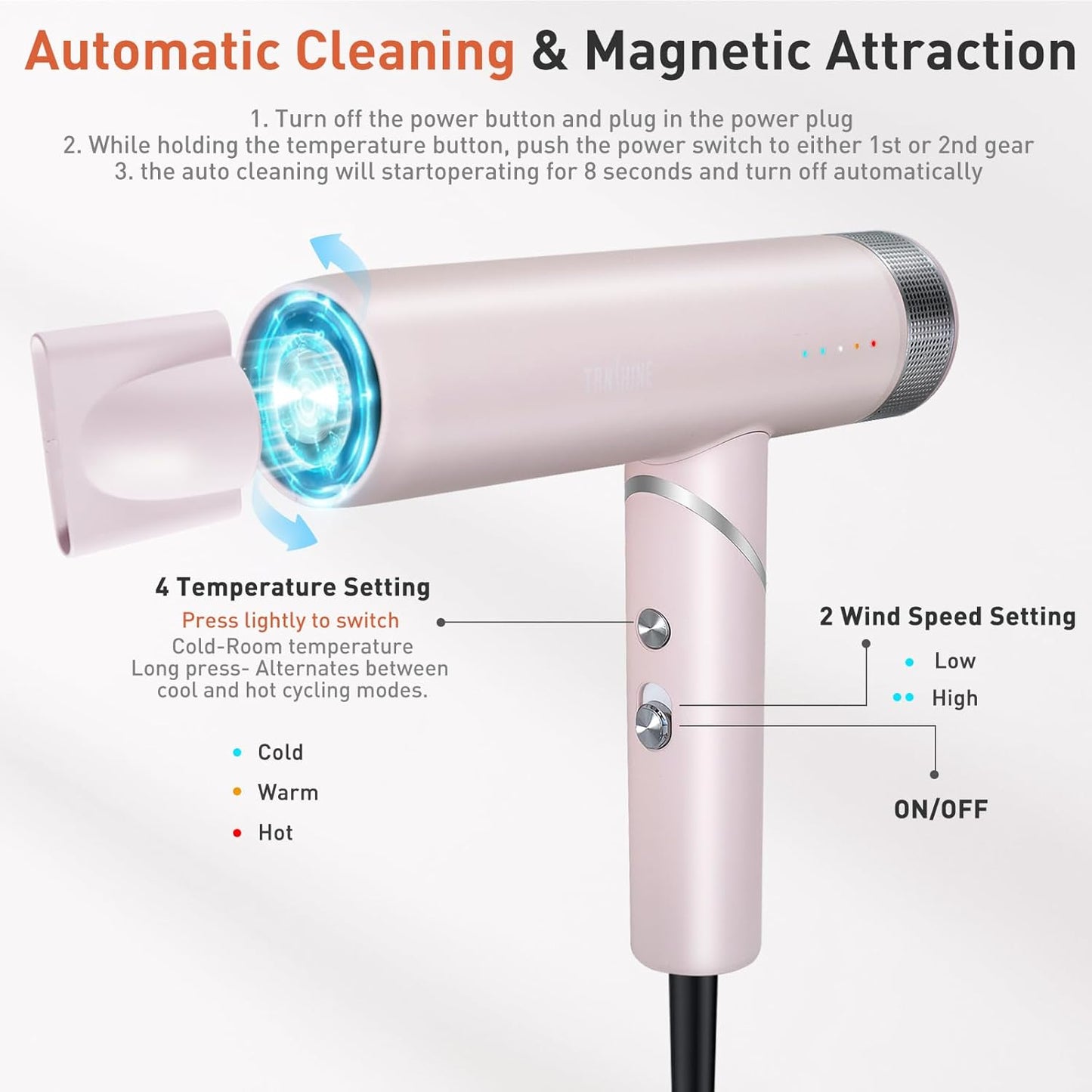TANSHINE Professional Blow Dryer,Ionic Hair Dryer Foldable 1600W,110000RPM High-Speed Ion Hair Dryer for Fast Drying,Quiet Lightweight Hairdryer with Magnetic Nozzle,Compact Travel Hair Blower,Pink