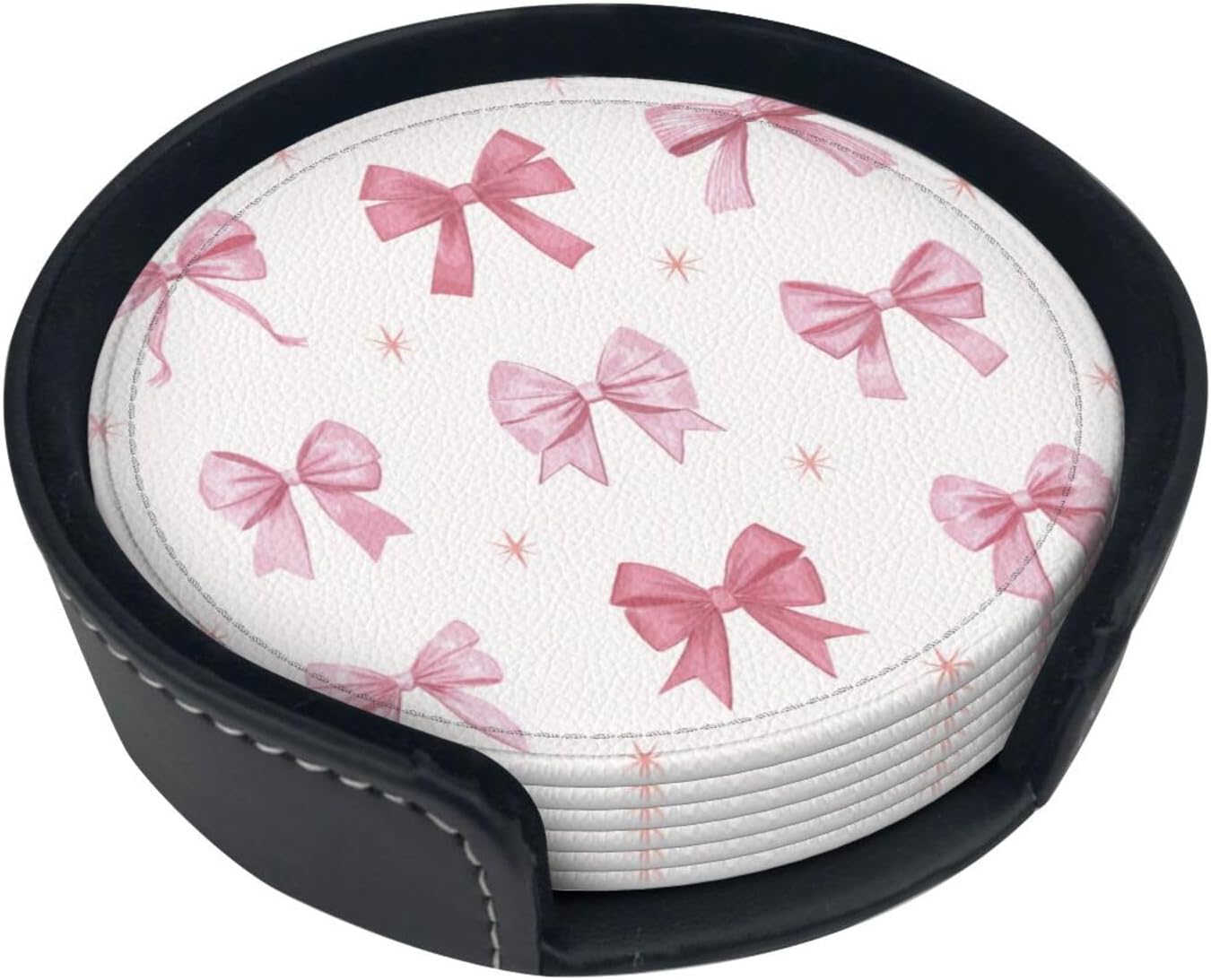 Nine Light Pink Bows Premium Leather Coasters, Set of 6 with Holder, Stylish Beverage Coasters for Kitchen Coffee Bar