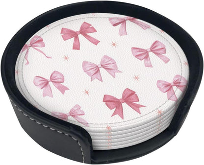 Nine Light Pink Bows Premium Leather Coasters, Set of 6 with Holder, Stylish Beverage Coasters for Kitchen Coffee Bar