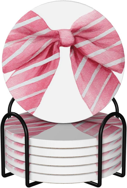 Light Pink Watercolor Bow with White Stripes Ceramic Coasters with Holder Set of 6 Coffee Cup Drink Coasters