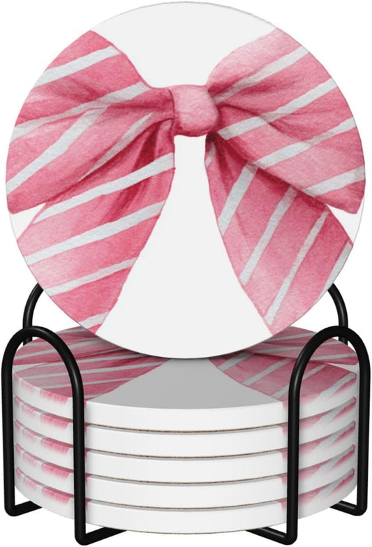 Light Pink Watercolor Bow with White Stripes Ceramic Coasters with Holder Set of 6 Coffee Cup Drink Coasters