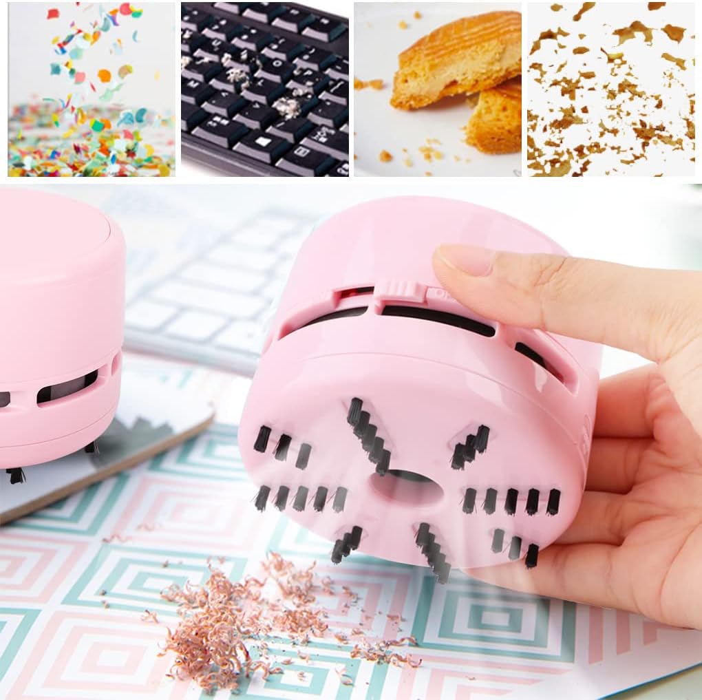 2Pcs Mini Crumb Vacuum Cleaner Portable Desktop Sweeper Handheld Cordless Multifunction Cleaning(Black+Pure Pink)