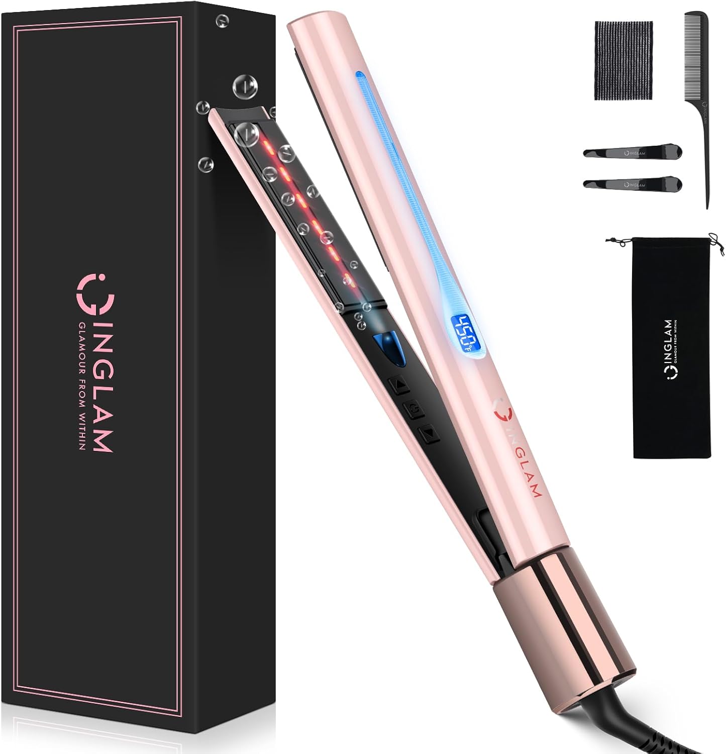 IG INGLAM Titanium Flat Iron Hair Straightener, Infrared Curling Iron 1 Inch,Negative Ionic Dual Voltage Straightener 11 Adjust Temp 250°F to 450°F, Anti-Frizz Shiny Hair,110-240V, Gift, Pink