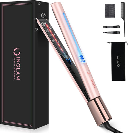 IG INGLAM Titanium Flat Iron Hair Straightener, Infrared Curling Iron 1 Inch,Negative Ionic Dual Voltage Straightener 11 Adjust Temp 250°F to 450°F, Anti-Frizz Shiny Hair,110-240V, Gift, Pink