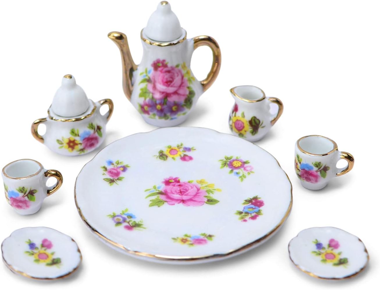 Dollhouse Tea Cup Sets 1:6 Scale Miniature Porcelain Dollhouse Accessories 8PCS Flower Pattern Teapot Platter Dish Sets Dollhouse Kitchen Supplies Decoration (Pink)