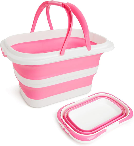Large Collapsible Bucket for Cleaning, 4.2 Gallon (16L) Silicone Bucket with Handle & Hanging Hole, Foldable Space-Saving Mop Bucket for Home, Storage. Car Wash, Camping, Beach (Pink White)