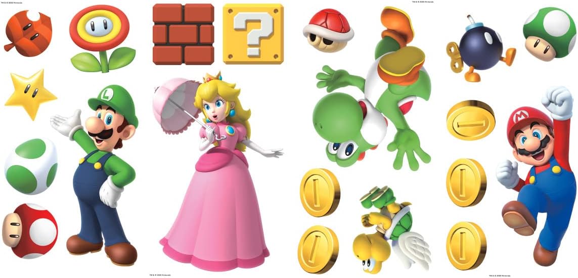 RoomMates Super Mario Brothers Peel and Stick Wall Decals, 20 Decal Set, Vinyl, Red, Blue, Pink, Removable Repositionable, No Sticky Residue, For Renters and Homeowners
