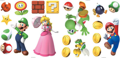 RoomMates Super Mario Brothers Peel and Stick Wall Decals, 20 Decal Set, Vinyl, Red, Blue, Pink, Removable Repositionable, No Sticky Residue, For Renters and Homeowners