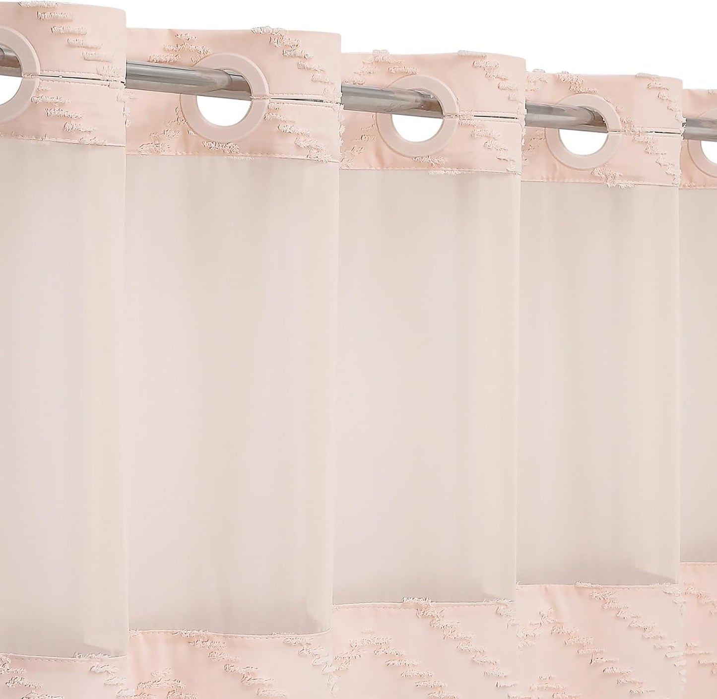 Light Pink Long Boho Shower Curtain with Snap-in Liner 72 x 80, No Hooks Needed Tufted Striped Textured Chic Shower Curtain for Bathroom Decor with See Through Mesh Top Window