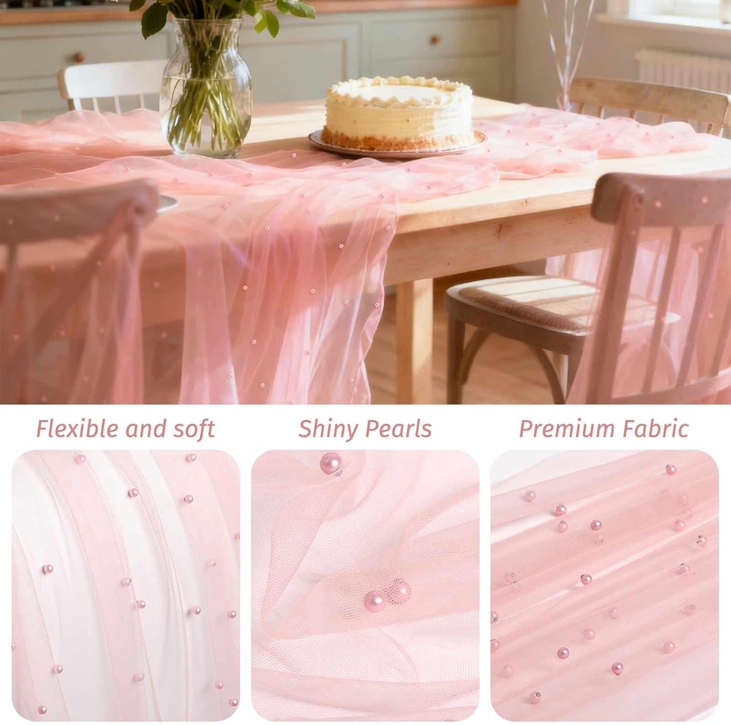 WELTRXE Pearl Table Runner Tulle 30x120 Inch 10FT Long, Pink Gauze Table Runners, Rustic Boho for Wedding Arch Birthday Party Bridal Veil Baby Shower Decorations