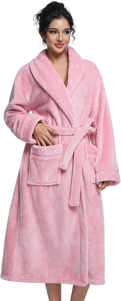 Womens Long Fleece Robe Soft Plush Robes for Women Warm Bathrobes Comfy House Coat Full-length with Pocket