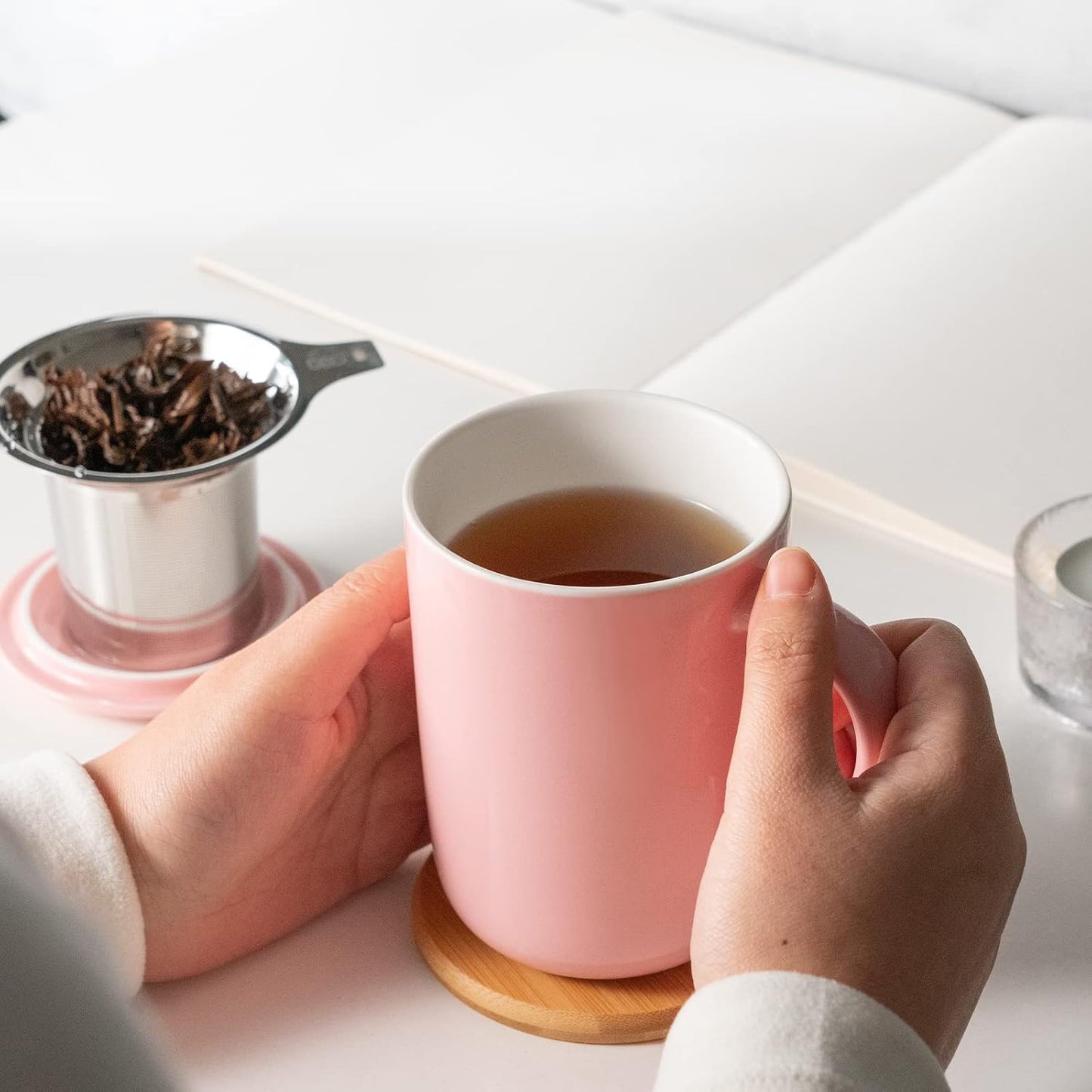CEEFU Porcelain Tea Mug with Infuser and Lid, Teaware with Filter and Coaster, Loose Leaf Tea Cup Steeper Maker, 16 OZ for Tea/Coffee/Milk/Women/Office/Home/Gift (Pink)