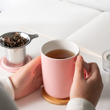 CEEFU Porcelain Tea Mug with Infuser and Lid, Teaware with Filter and Coaster, Loose Leaf Tea Cup Steeper Maker, 16 OZ for Tea/Coffee/Milk/Women/Office/Home/Gift (Pink)