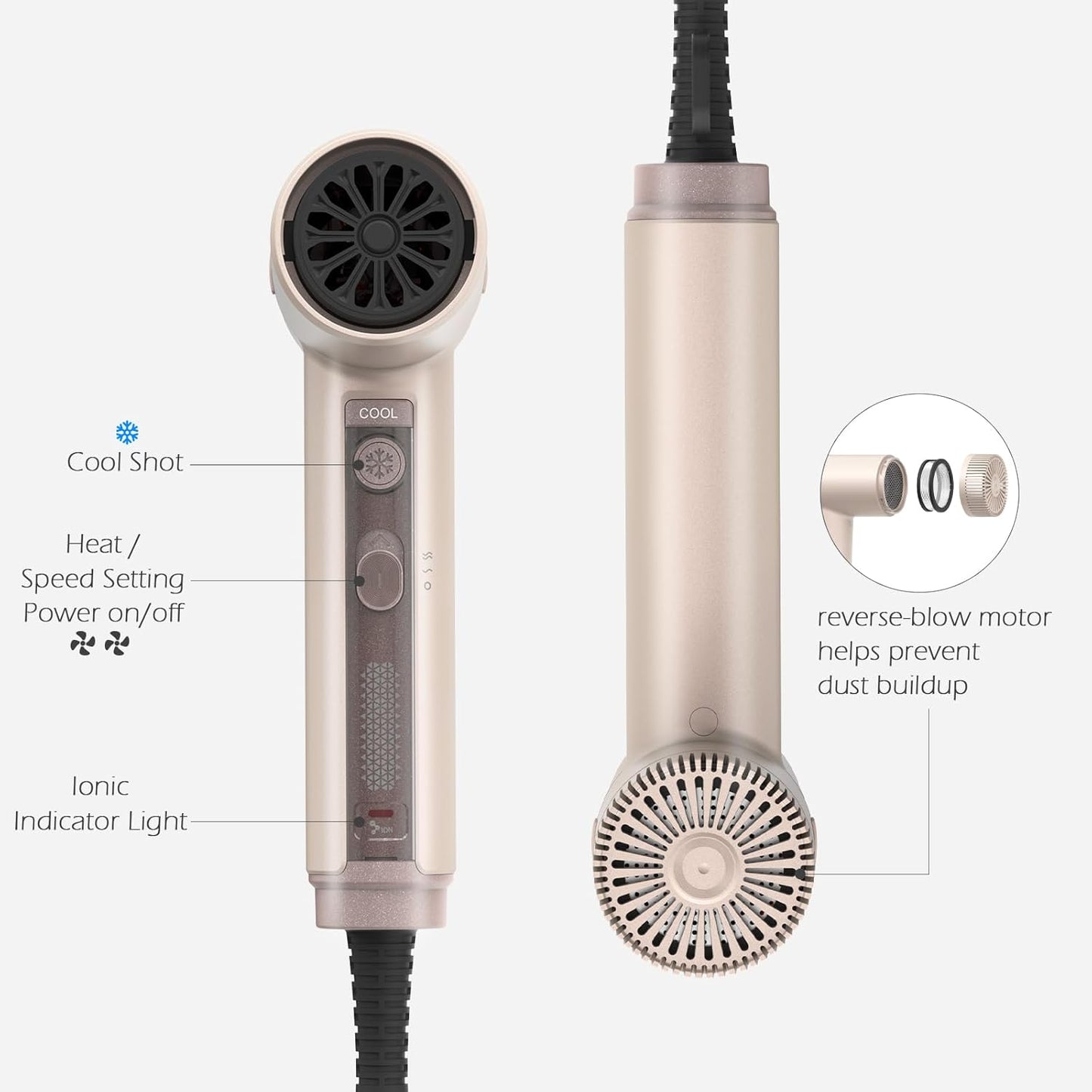 TOME Hair Dryer, 1875W High-Speed EC Motor 110,000 RPM Ionic Blow Dryer, Fast Drying, Cool Shot Lock, 3 Heat 2 Speed, 4 Attachments (Styling Nozzle, Diffuser, 2 Air-Powered Wrap Wands), 125V Pink