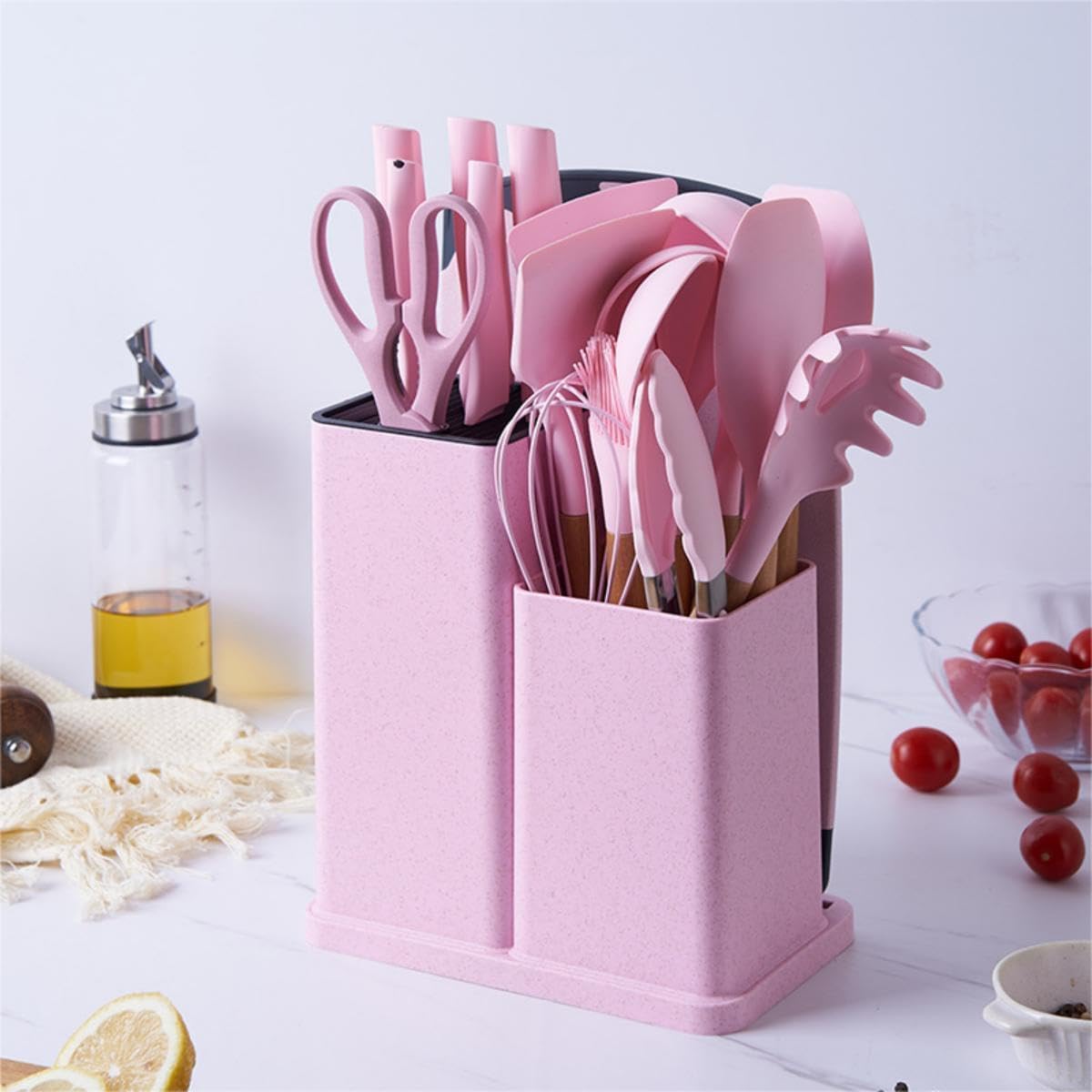 19-Piece Kitchen Utensil & Knife Block Set: 12 Non-Stick, Heat-Resistant Silicone Cooking Utensils (Spatula, Tongs, Ladle, Scissors) + 5 Sharp Kitchen Knives & Cutting Board (Pink)