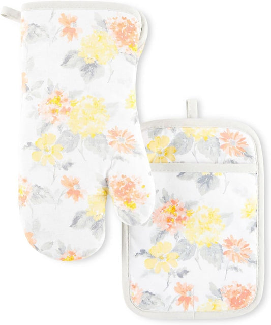 Martha Stewart Amber Floral Oven Mitt & Pot Holder Set 2-Pack, Yellow/Coral, OM: 7"x13" & PH: 7"x10"