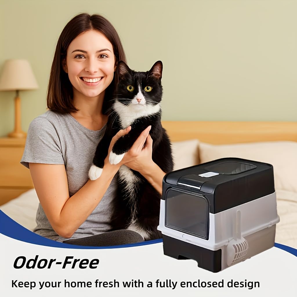 Foldable Enclosed Cat Litter Box with Drawer and Lid - Top Entry Splash-Proof Cat Toilet, Odor-Proof and Leak-Proof and Spaceful, Lightweight and Portable Pet Toilet with Scoop (Pink)