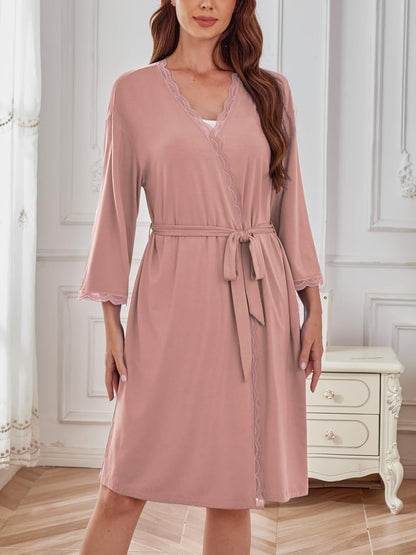 Women's Robes Soft Rayon Knit Kimono Bathrobe Lace Trim Knee Length Sleepwear With Pockets