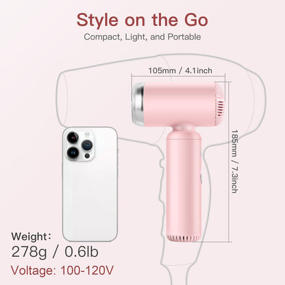 Webeauty Mini Hair Dryer with Diffuser, 110,000RPM High-Speed Motor, 200M Negative Ions Protect, 3-Temp & 2-Speed Settings, Lightweight Travel-Friendly Blow Dryer with Magnetic Attachments (Pink)
