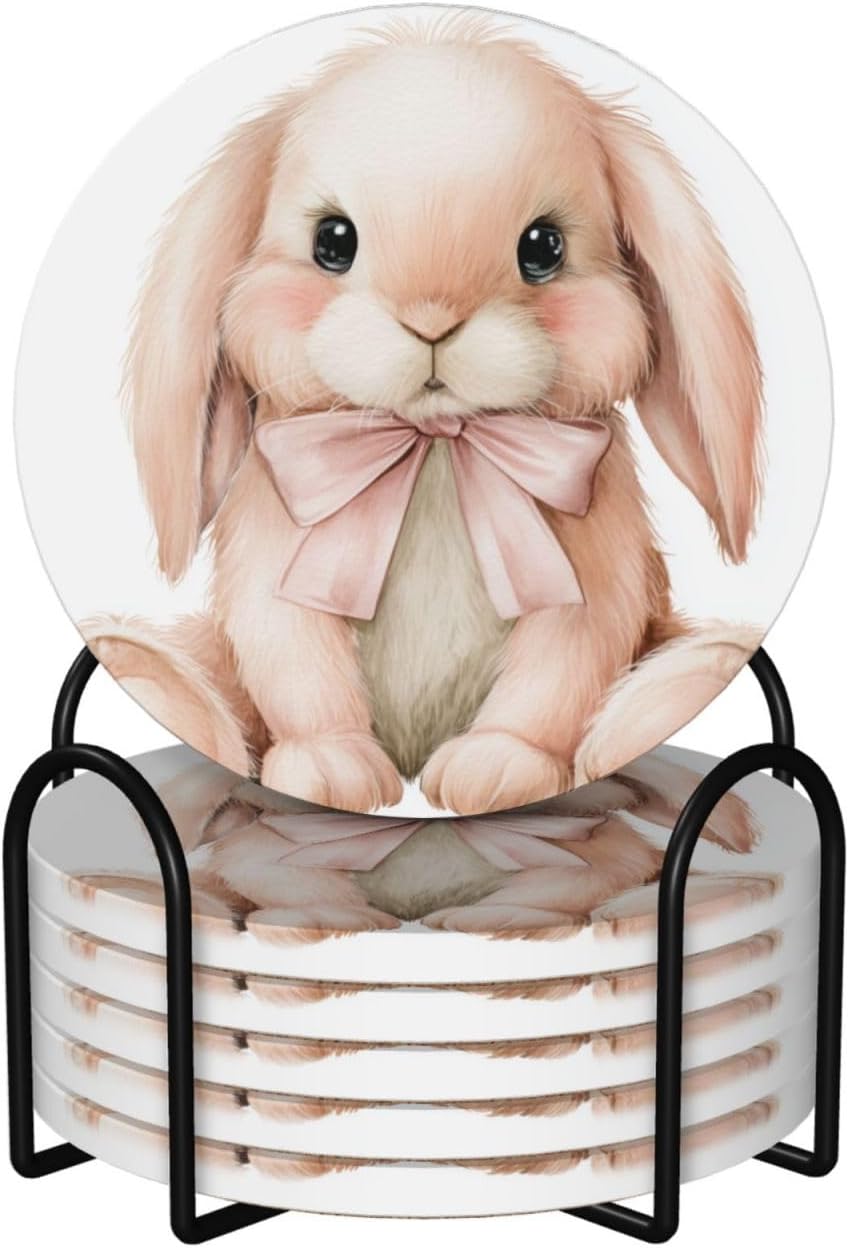Watercolor Animal Light Pink Bunny Wearing Bow Ceramic Coasters with Holder Set of 6 Coffee Cup Drink Coasters
