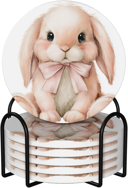 Watercolor Animal Light Pink Bunny Wearing Bow Ceramic Coasters with Holder Set of 6 Coffee Cup Drink Coasters