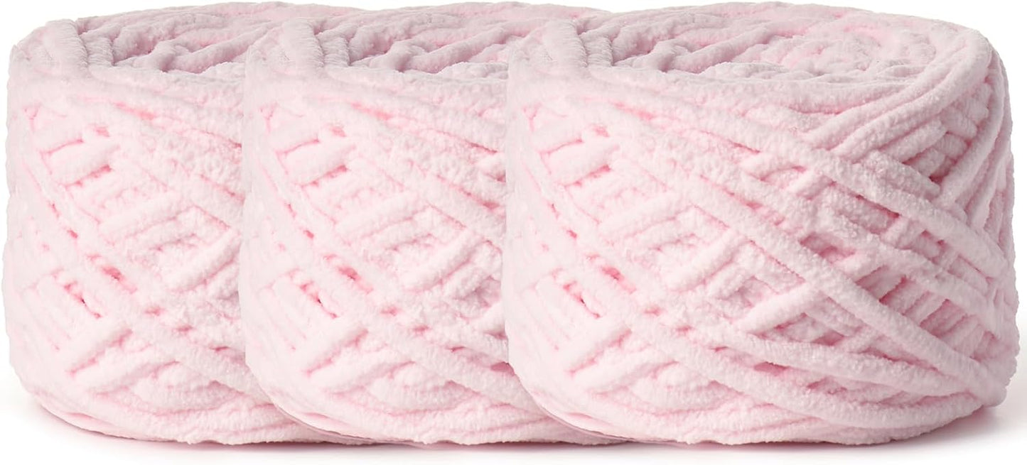 3 Pack Fluffy Chenille Chunky Yarn for Crocheting 100g(65.6yd) - Baby Yarn for Crocheting Soft - Velvet Yarns for Crochet Blanket - Amigurumi Crochet Yarns（Pink