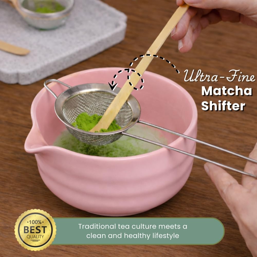 Matcha Bowl Set – Japanese Matcha Tea Ceremony Kit with Whisk, Scoop & Sifter – Authentic Matcha Bowl (Green, Pink, White, Black) – Premium Gift Set by Sakura Home (Pink)