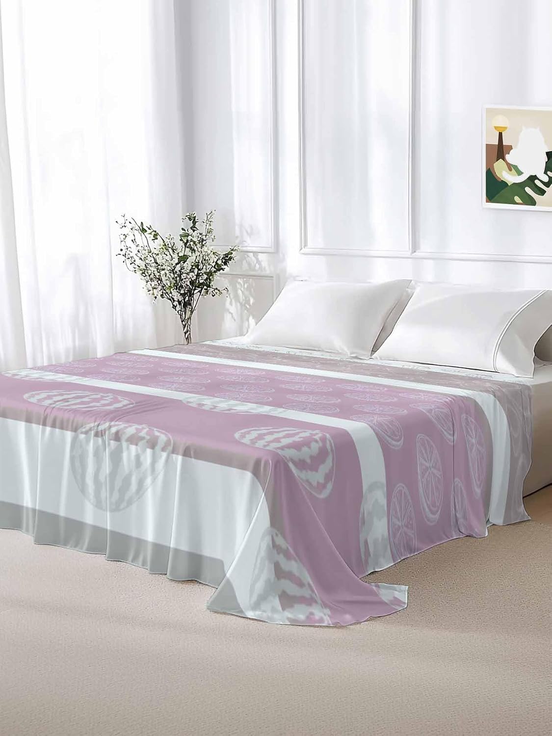Full Size Flat Sheet Only, Farm Fruits Soft Brushed Microfiber Bed Sheets, Watermelon Lemons Peach Pink Grey Striped Hotel Quality Breathable Bedding Top Sheet, Easy Care, 81"x96"