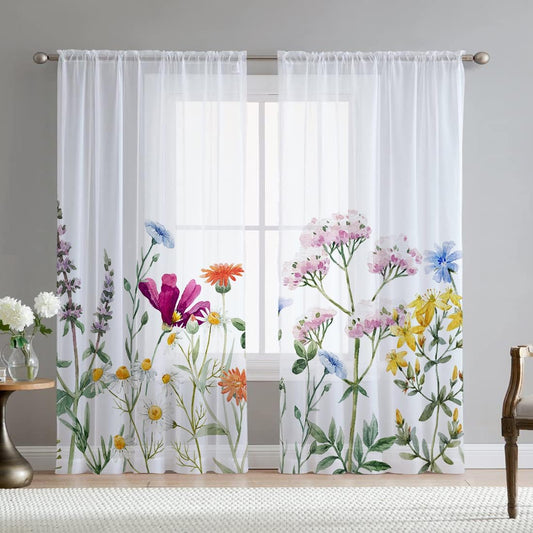 Floral Sheer Curtains for Living Room 84 inch Length 2 Panels Set Elegant Pink Purple Flower Printed Window Curtain Chiffon Drapes for Bedroom