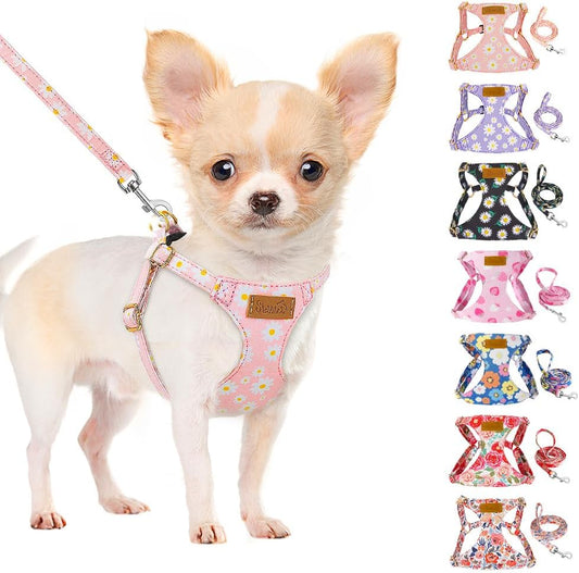 SlowTon No Pull Dog Harness with Leash - Soft Lightweight Floral Pattern Puppy Harness, Adjustable Pet Harness for Small Medium Dogs (Pink Daisy XXS)