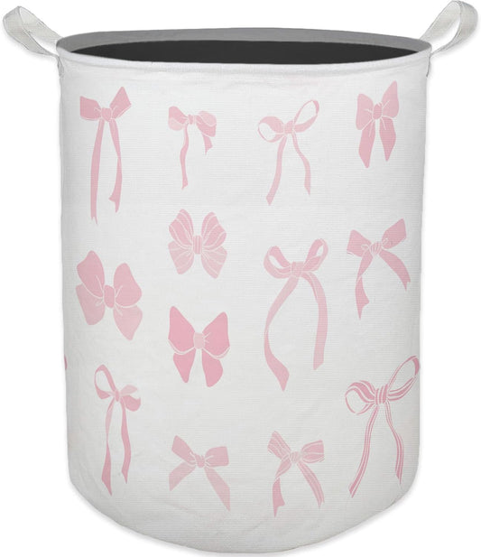 Pink Girls Laundry Basket, Toybox for Girl Room, Coquette Pink Bow Ribbon Laundry Basket Hamper Waterproof Collapsible Clothes Toys Storage Bin Organizer for Bedroom Bathroom Girls Room Dorm