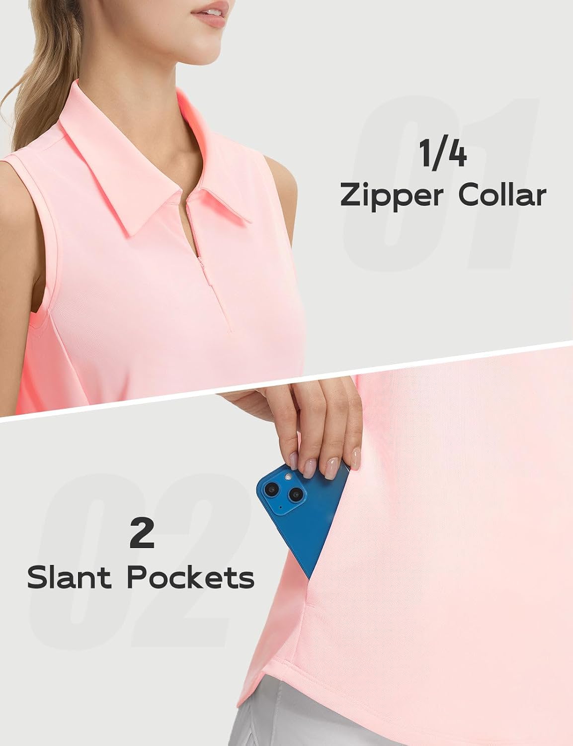 baleaf Women's Golf Shirts Sleeveless Pockets Tennis Tops Workout Athletic Polo V Neck Collared UPF
