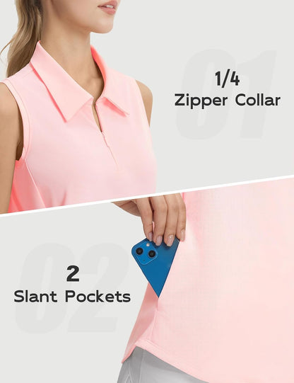 baleaf Women's Golf Shirts Sleeveless Pockets Tennis Tops Workout Athletic Polo V Neck Collared UPF