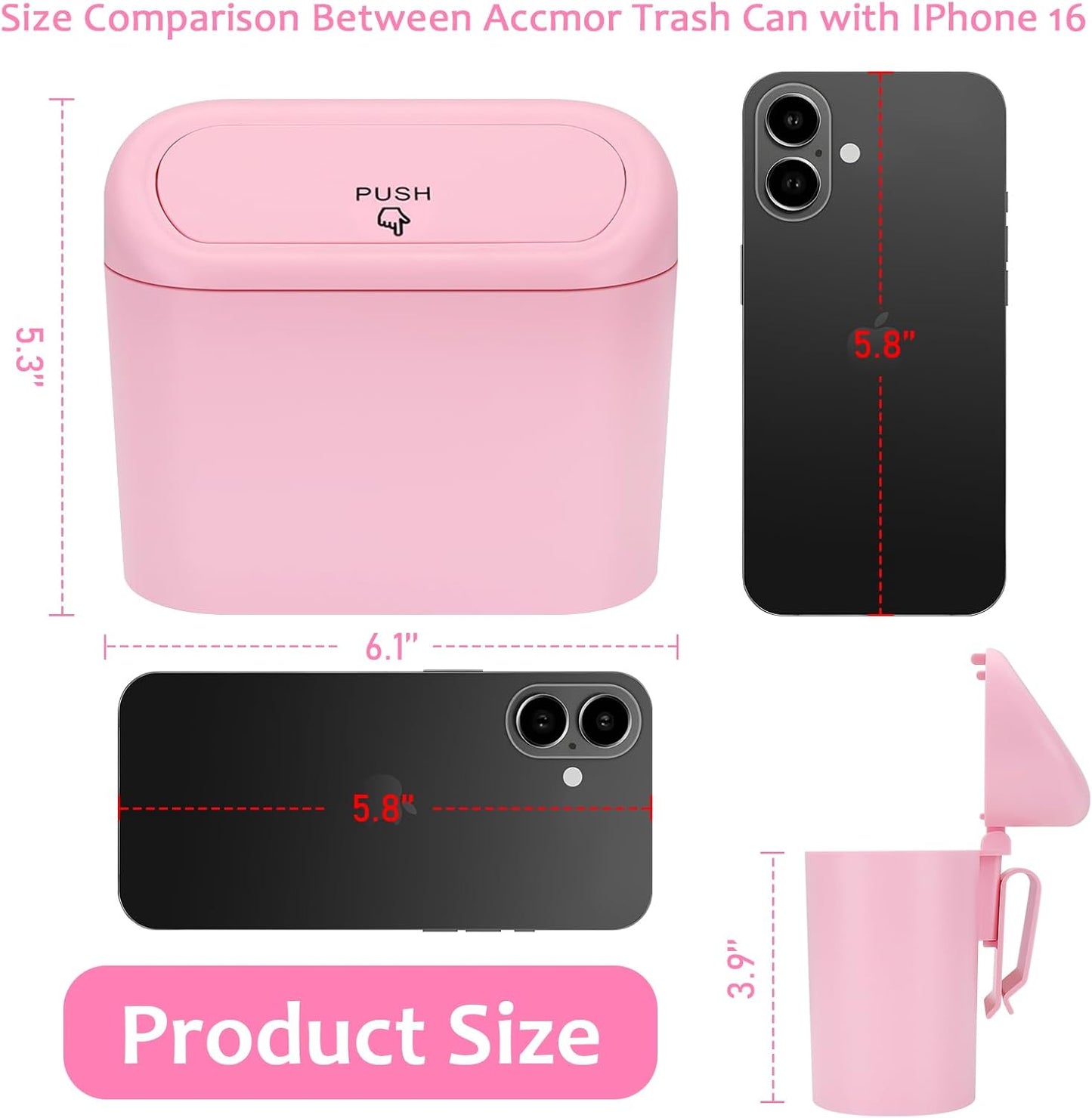 Accmor Car Trash Can with Lid, Vehicle Trash Bin Car Dustbin Garbage Organizer Holder with One Roll Trash Bag, Portable Hanging Mini Leakproof Cars Storage Bag Container for Auto, SUV, Office (Pink)