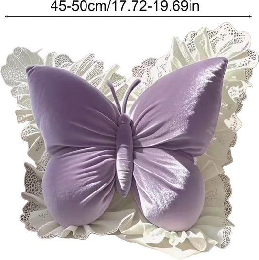 Butterfly Throw Pillow with Lace Edge, 20 inch Velvet Butterfly Decorative Pillow, Animal Pillow for Couch Living Room Bed,Home Decor, Office Chair, Car Seat (Pink)