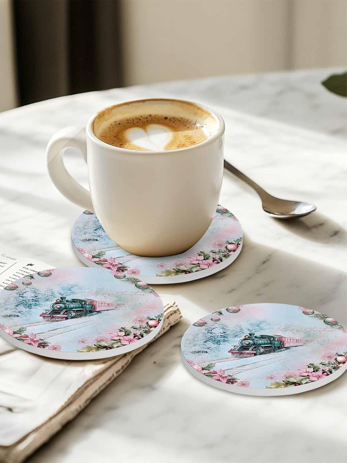 Merry Christmas Coaster Set of 6 Train Snow Flowers Lights Berries Pink Drink Coasters Absorbent Ceramic Coaster for Table Dining Cup Mat for Kitche Cafe Bar Warming Gifts 4 Inches