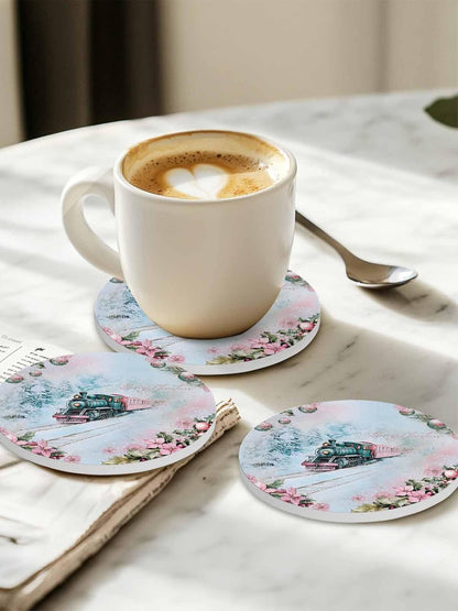 Merry Christmas Coaster Set of 6 Train Snow Flowers Lights Berries Pink Drink Coasters Absorbent Ceramic Coaster for Table Dining Cup Mat for Kitche Cafe Bar Warming Gifts 4 Inches